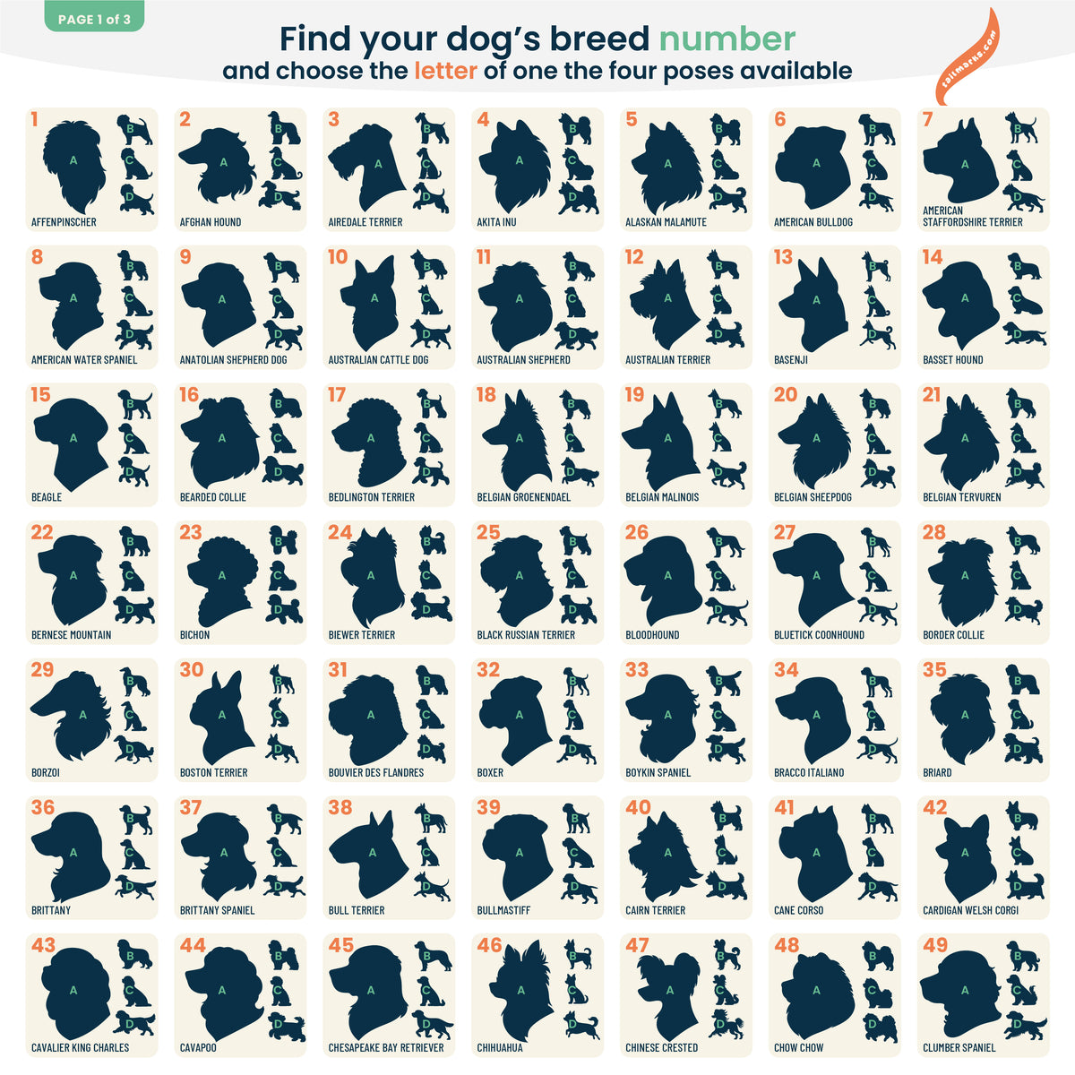 Dog breed silhouette catalogue, page 1 from tailmarks