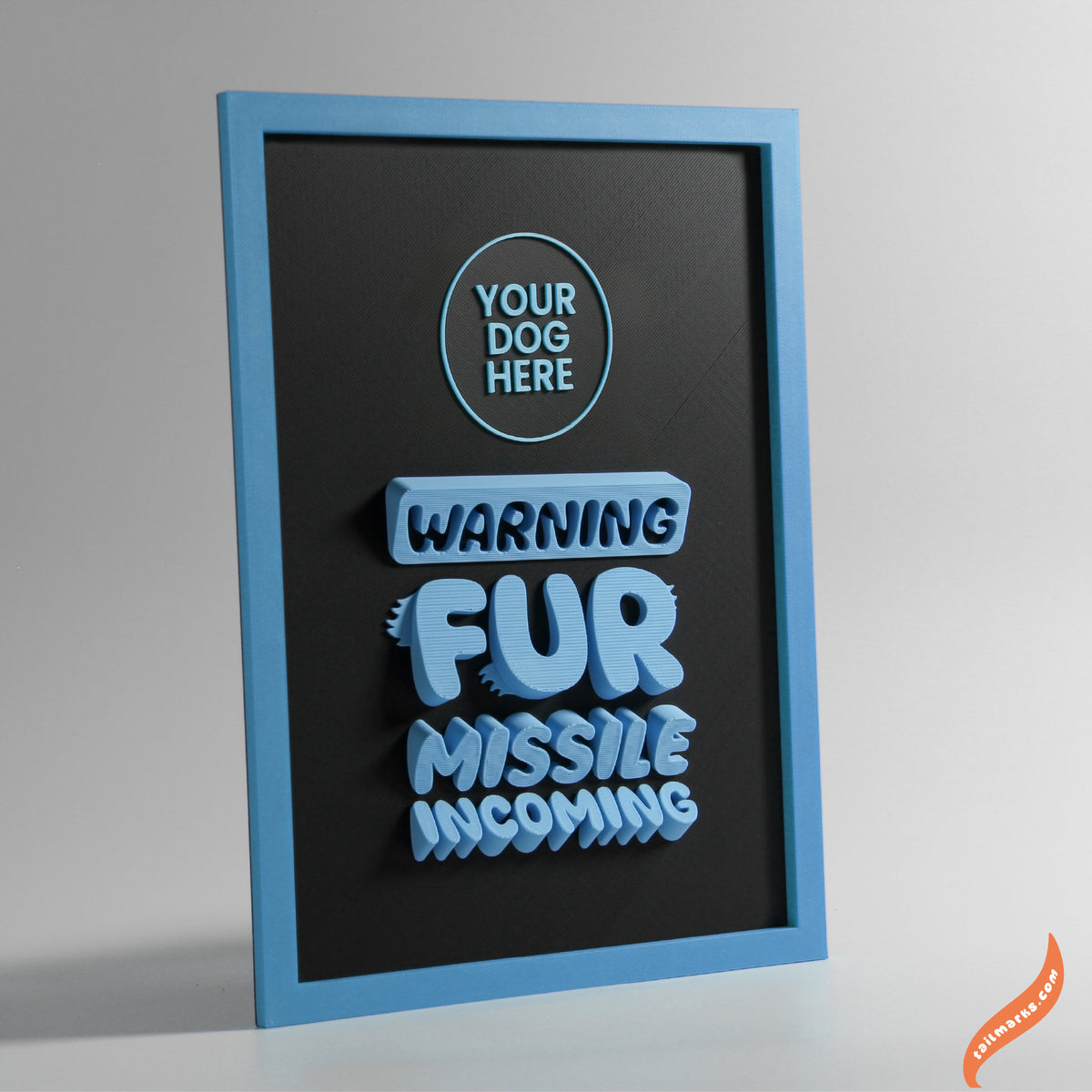Personalised Dog Wall Decor "Warning — Fur Missile Incoming" Framed in 3D