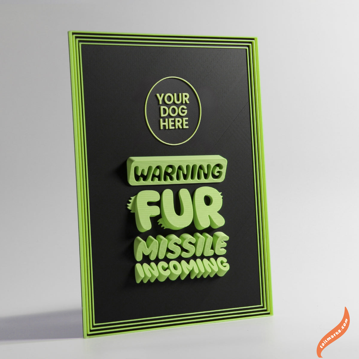 Personalised Dog Wall Decor "Warning — Fur Missile Incoming" Framed in 3D