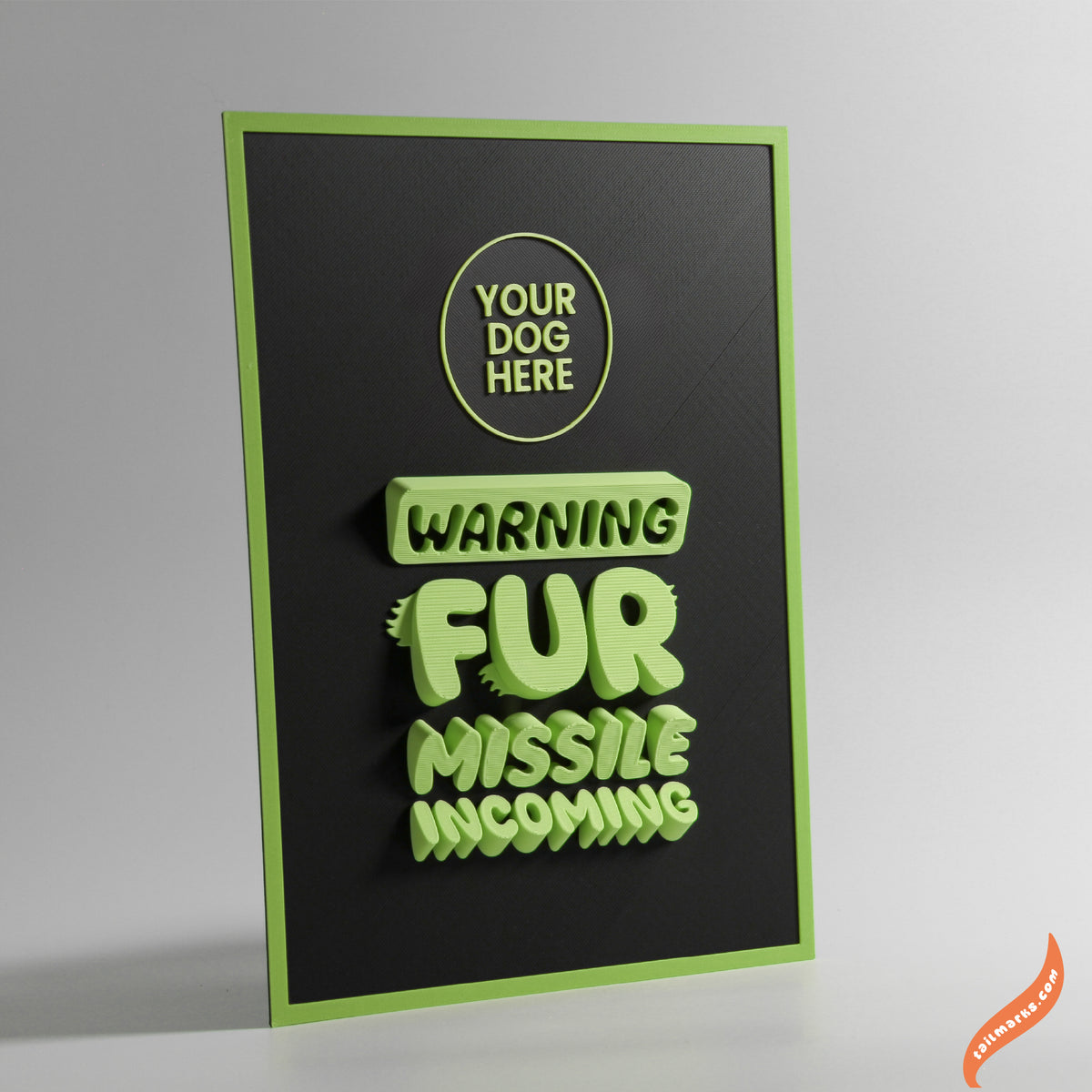 Personalised Dog Wall Decor "Warning — Fur Missile Incoming" Framed in 3D